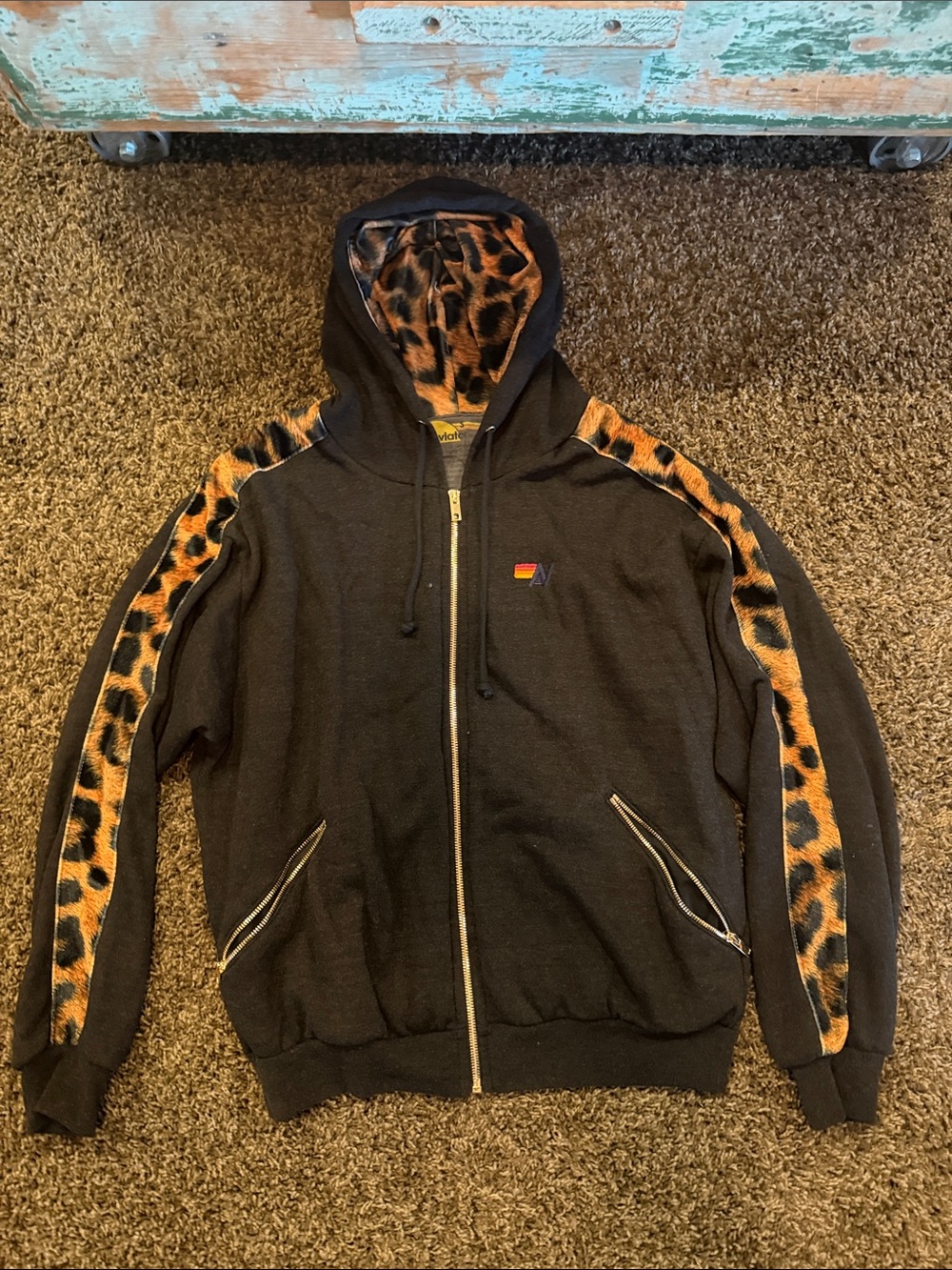 Black Zip Hoodie with Leopard Trim